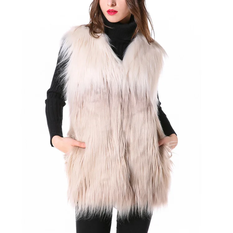 

Fluffy Jacket Long Gradient Imitation Washed Wool Fur Vest To Keep Warm Imitation Mongolia Sheep Fur Female Vest Coat