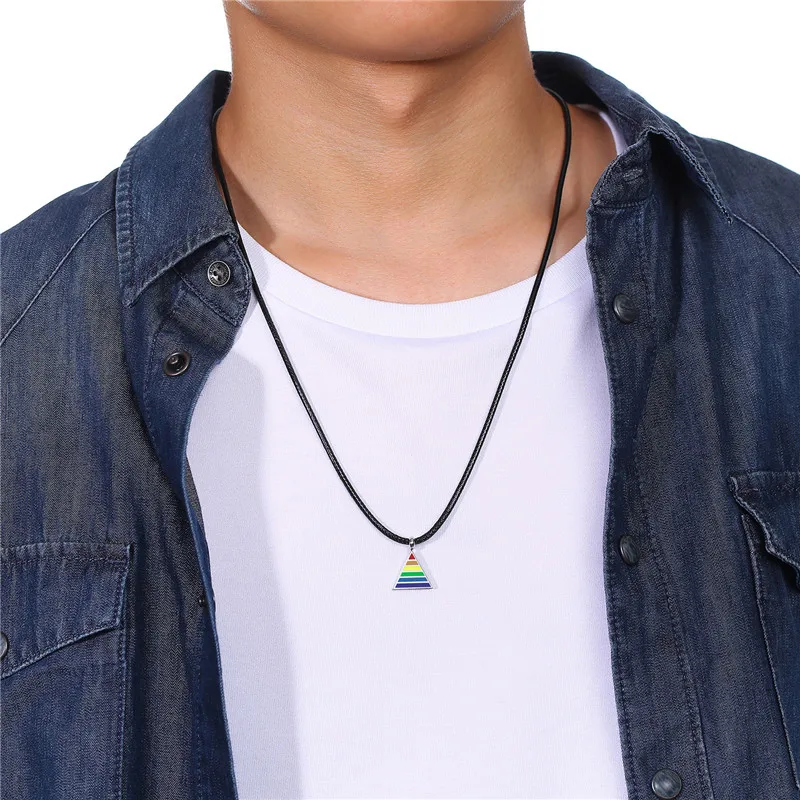 ZORCVENS Silver Color Stainless Steel Rainbow Triangle Pendant Necklace for Man Jewelry Black Cord Wedding Gift | Украшения и