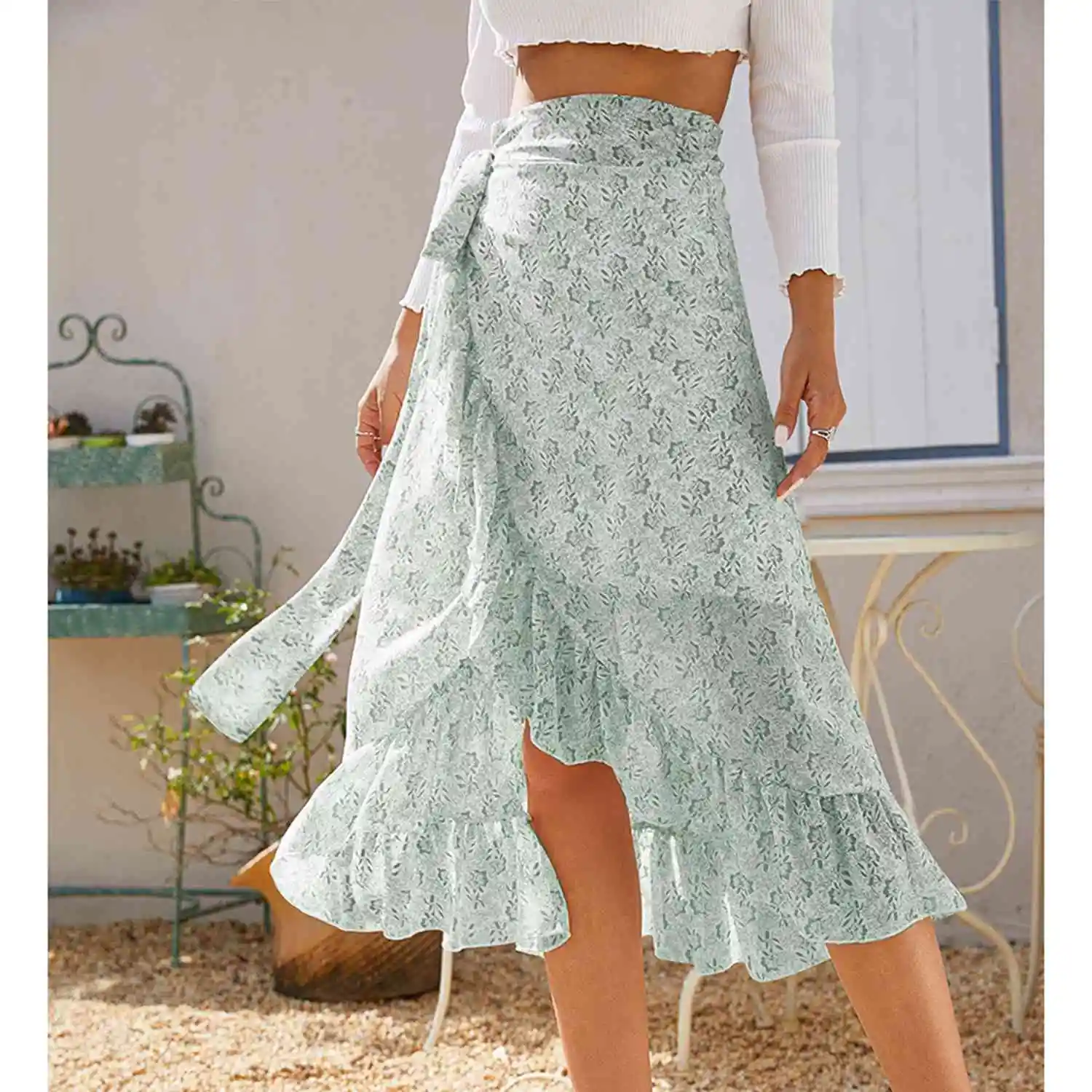 

Hot kf-Summer Ladies Floral High Waist Lotus Leaf Casual Skirt Retro Wrap Bowknot Ladies Skirt