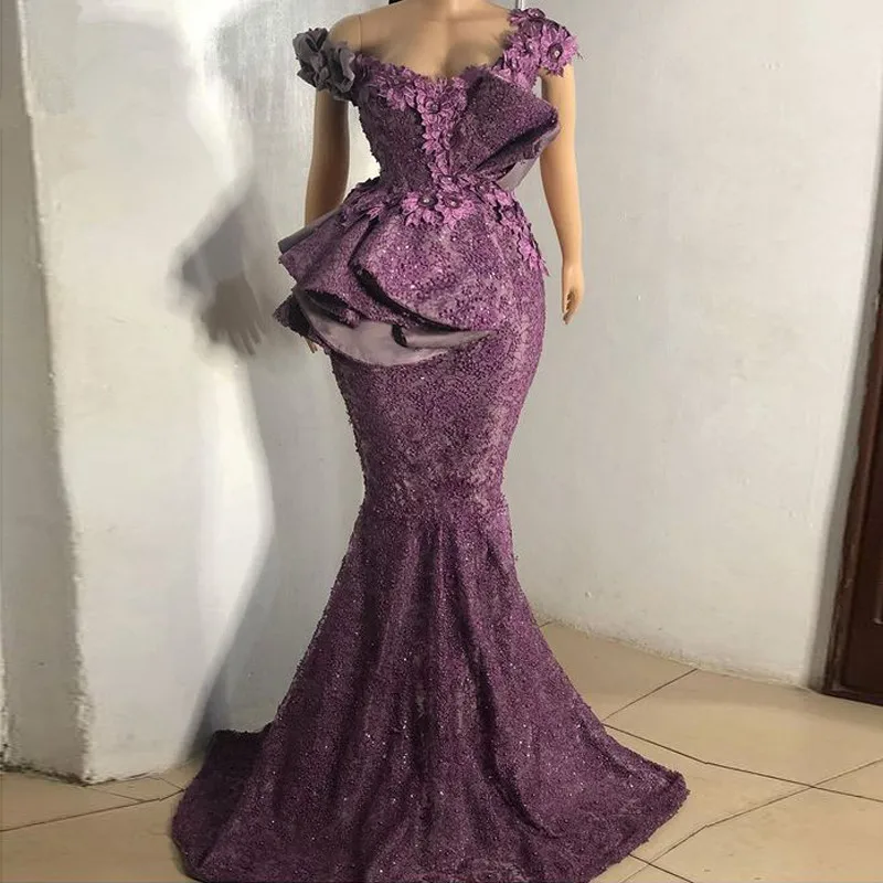 

Aso Ebi New Mermaid Evening Dresses Off the Shoulder Lace Ruffled African Women Prom Gowns Purple Formal Party Dress vestido