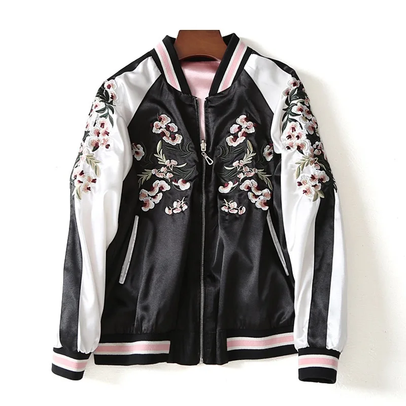 

Floral Embroidery Women Bomber Jacket 2021 Autumn Winter Harajuku Pilot Jacket On Both Sides Casual Baseball Jackets Coats