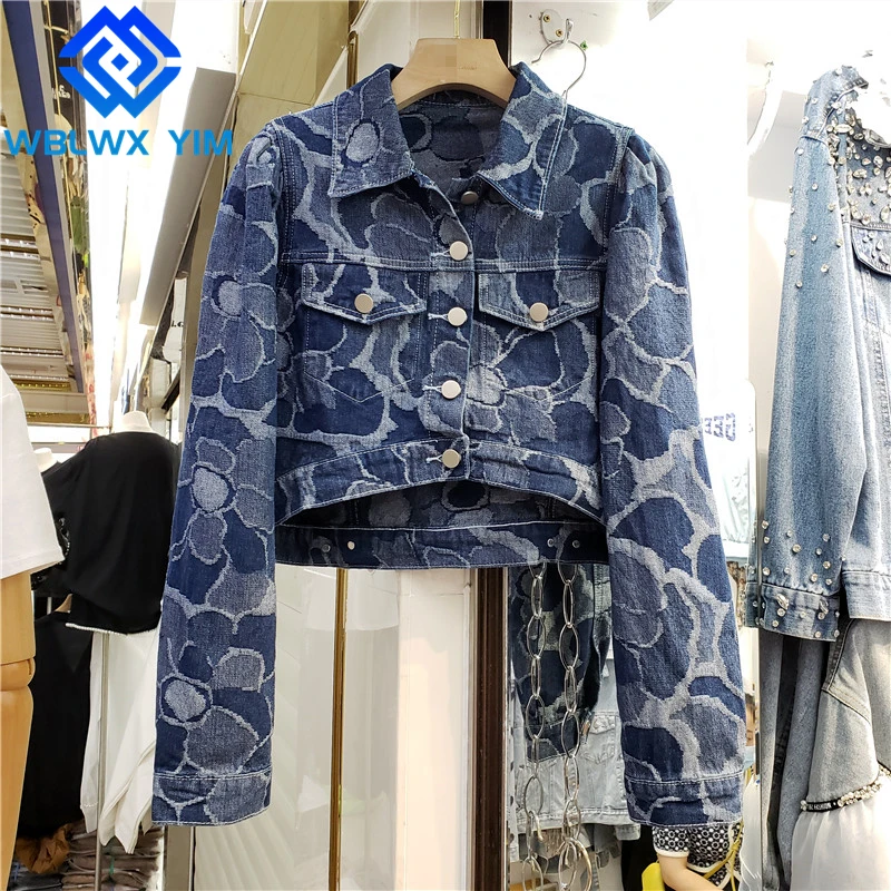 

Куртка женская джинсовая короткая с карманами, уличная одежда с лацканами, модная одежда из денима с длинным рукавом, свободная верхняя оде...