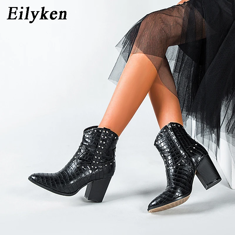 Eilyken/Модные женские ботильоны на высоком толстом каблуке со змеиным узором
