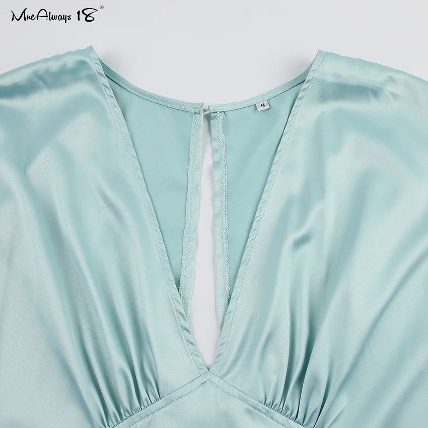 

Mnealways18 Spring Elegant Satin Long Dress Women Batwing Lantern Sleeve Deep V-Neck Dress Ladies Green Backless Evening Party