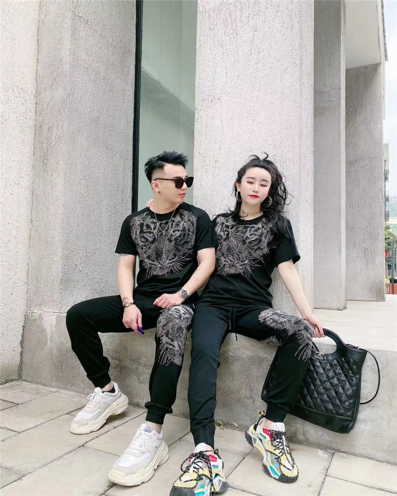 

High-quality men's and women's sportswear hot diamond tiger T-shirt+jogging casual pants fitness designer two-piece set