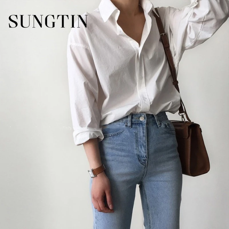 Женские офисные рубашки Sungtin белые синие повседневные шикарные винтажные