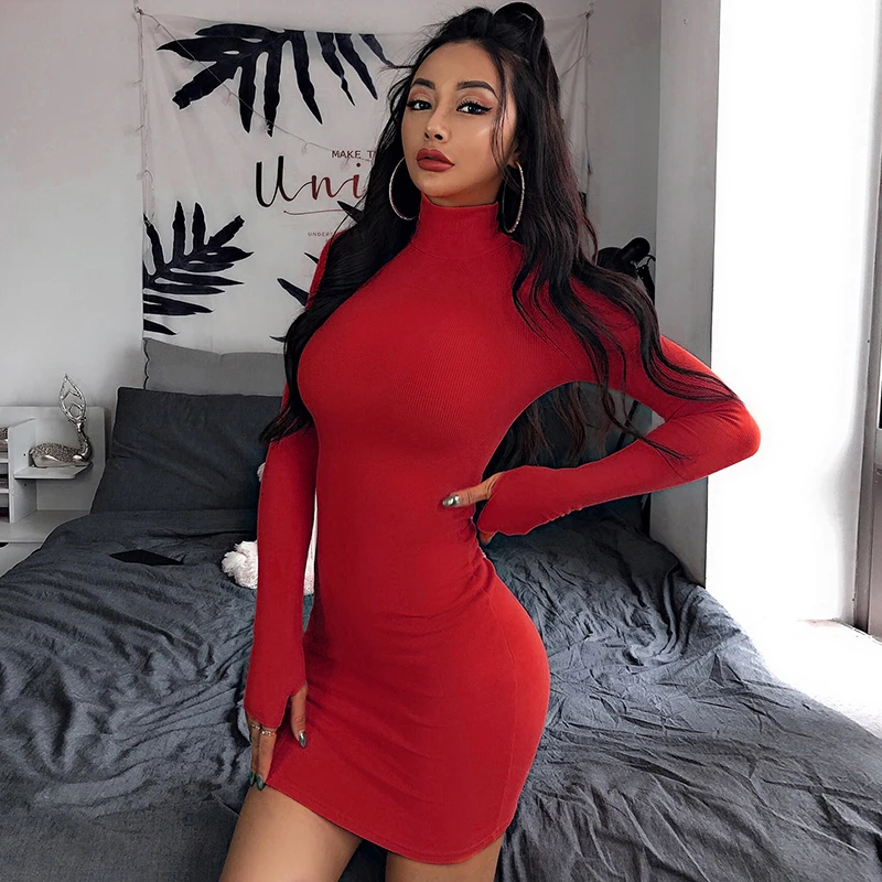InstaHot облегающее мини-платье с высоким воротником и длинным рукавом для женщин, Осенние сексуальные платья в спортивном стиле, 4 цвета, облегающая желтая Клубная одежда