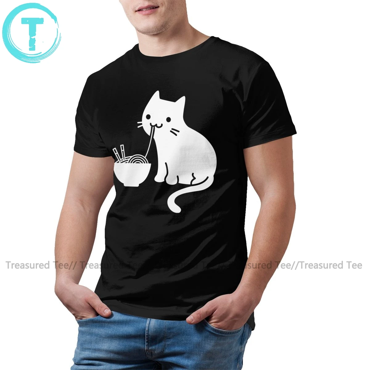 

Japan Cat T Shirt Cute Cat Eating Ramen T-Shirt Graphic Casual Tee Shirt Cotton Fun Male 3xl Tshirt