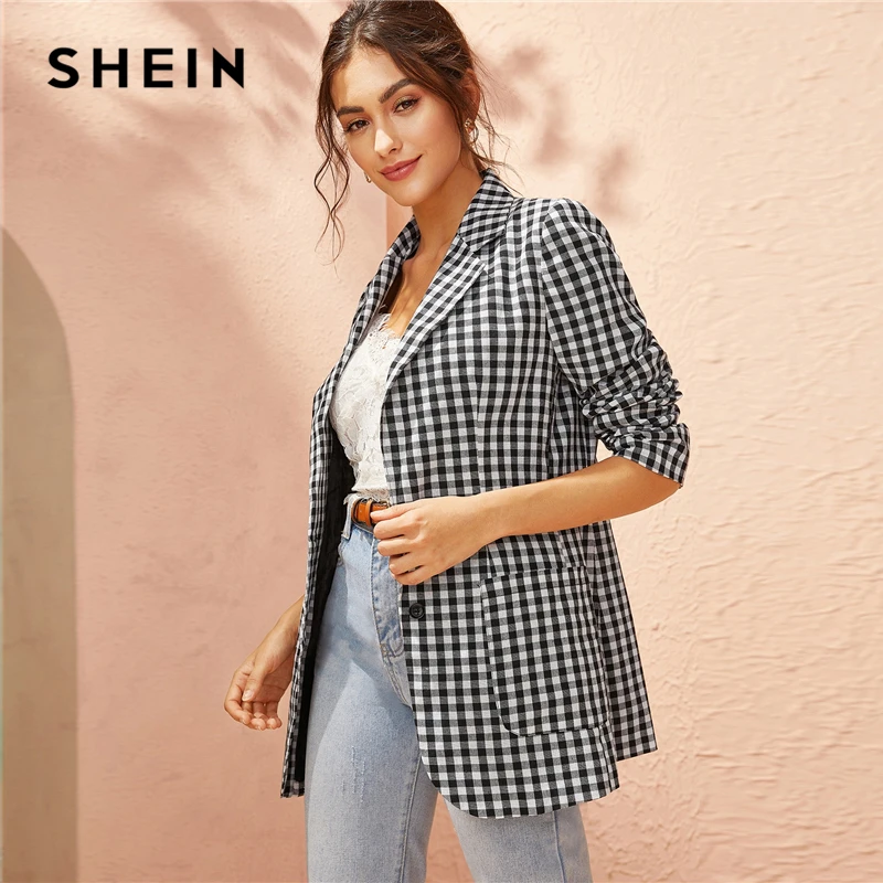 SHEIN черный и белый блейзер в клетку с зазубренным воротником для женщин; сезон осень-весна; однобортные повседневные блейзеры в клетку