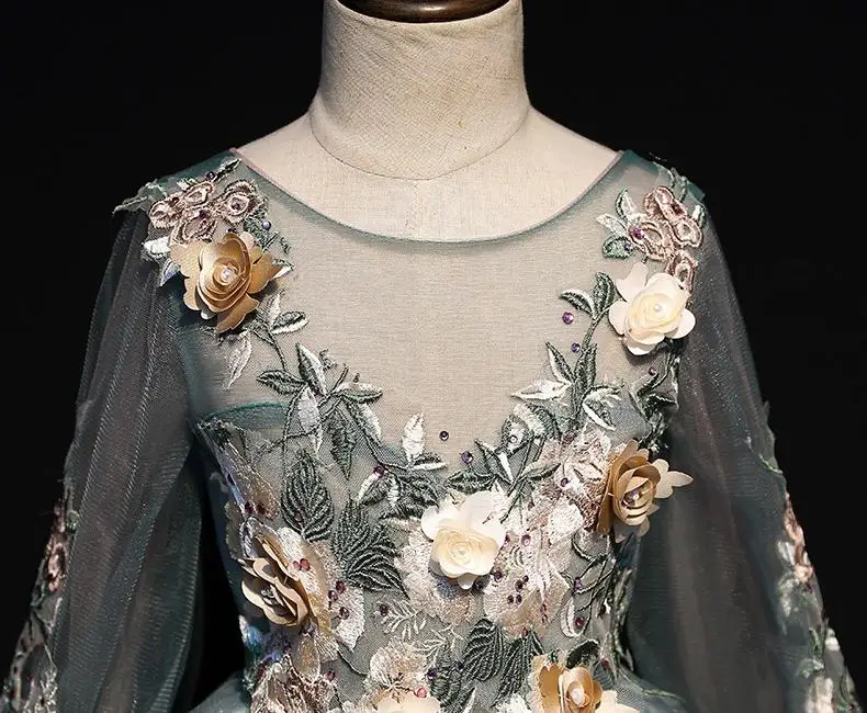 Новое Детское свадебное Тюлевое Сетчатое длинное платье для девочек-подростков, платье принцессы с цветочной вышивкой, нарядный классический наряд платье F40