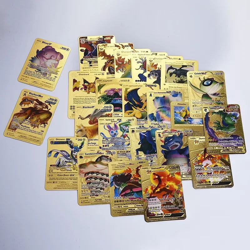 

54pcs Pokemon Metal Gold Card Box Golden Letters Spanish Playing Cards Metalicas Charizard Vmax Gx Collection Game Card Case Toy