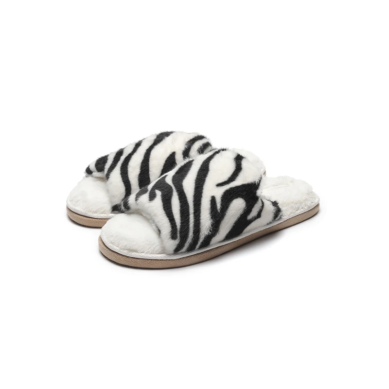

One-word plush fashion zebra striped slippers thick warm skin-friendly soft winter cotton drag ladies indoor home
