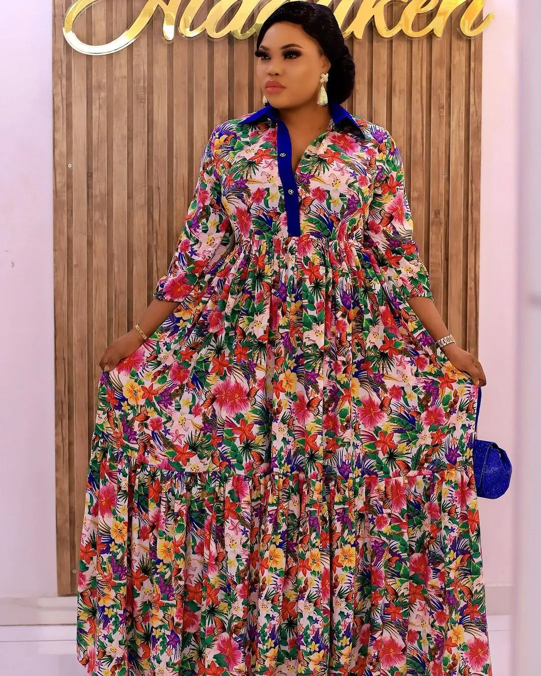 

Floral Printing Women Elegant Floor-length Dress 2021 Summer Turn-down Collar Single-Breasted High Waist Chiffon Dresses