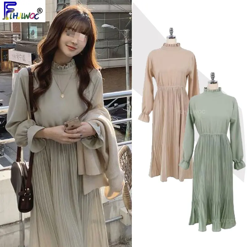 Женское длинное платье с высоким воротником плиссированное ТРАПЕЦИЕВИДНОЕ