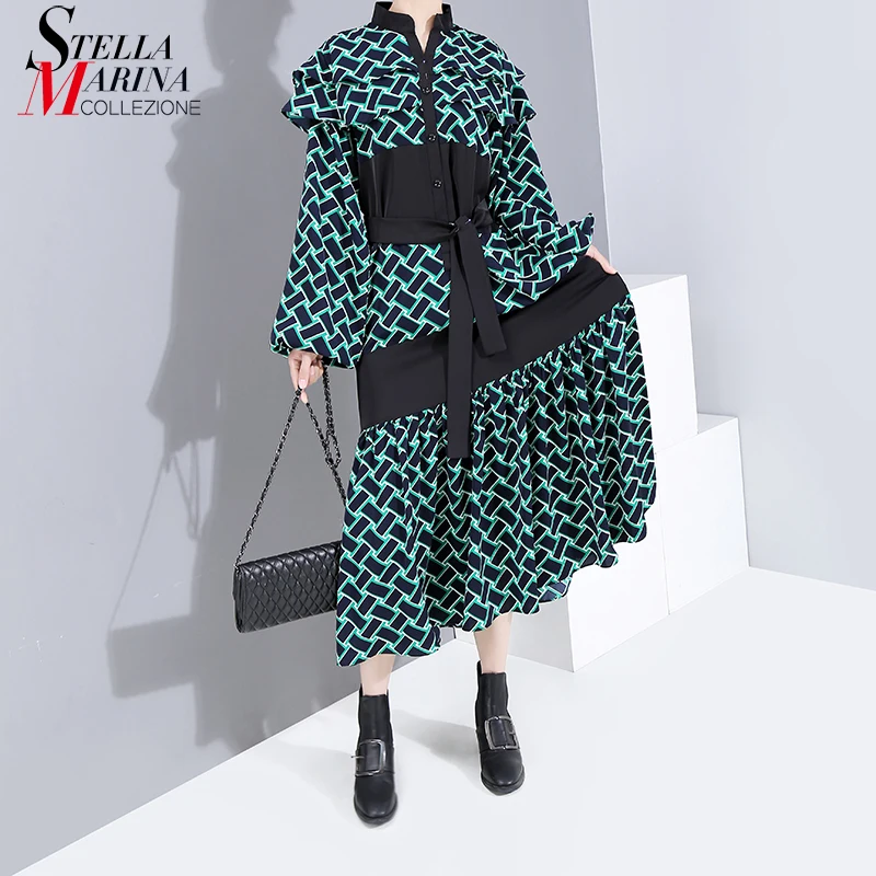 * 2019 женское осеннее Длинное Зеленое клетчатое платье с длинным рукавом и поясом