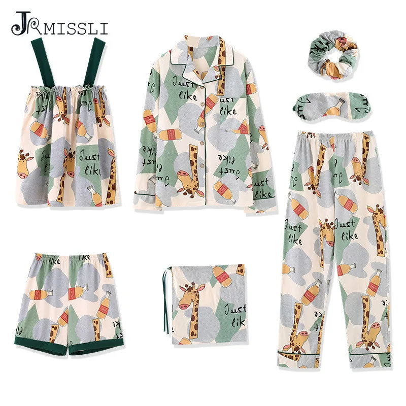 JRMISSLI сексуальная пижама для сна с рисунком собаки из мультфильма, Весенняя Хлопковая пижама из 7 предметов, Пижама для женщин, домашняя одежда