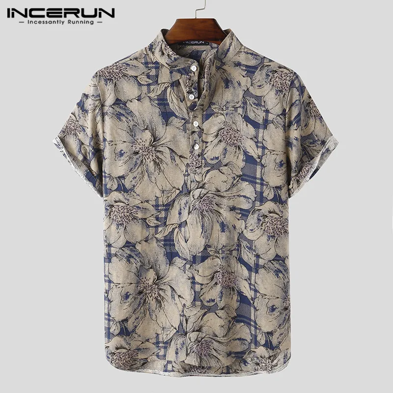 INCERUN Mens Printed Camisa Masculina Summer Hawaiian Blouse Men Vintage Shirts Short Sleeve Lapel Camisa Casual Buttons Blusas