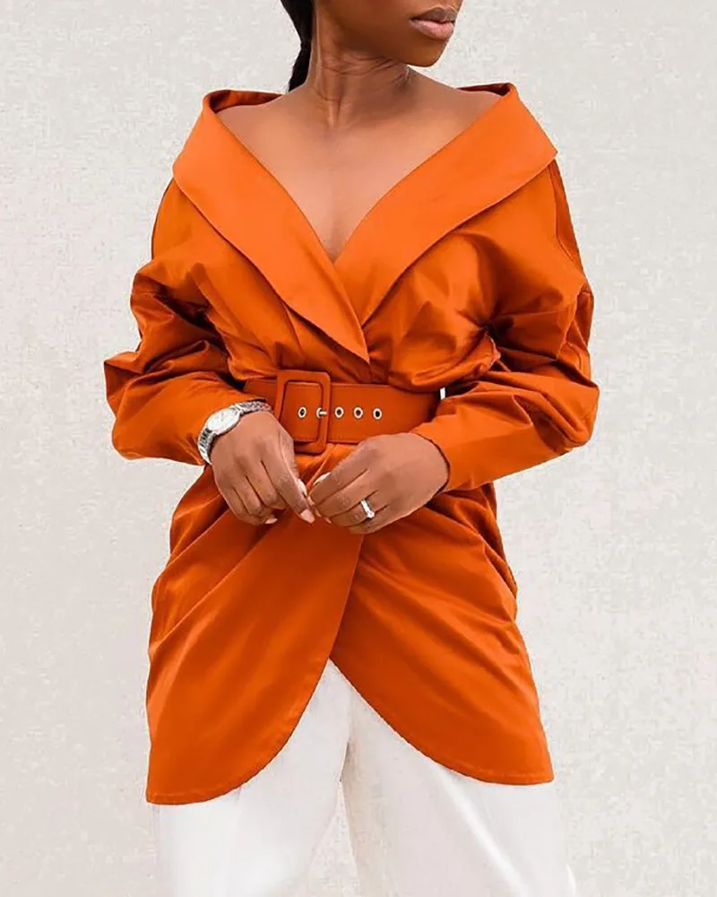 

Autumn 2021 New Ruched Shirt Women V-Neck Basic Long Sleeve Top With Belt