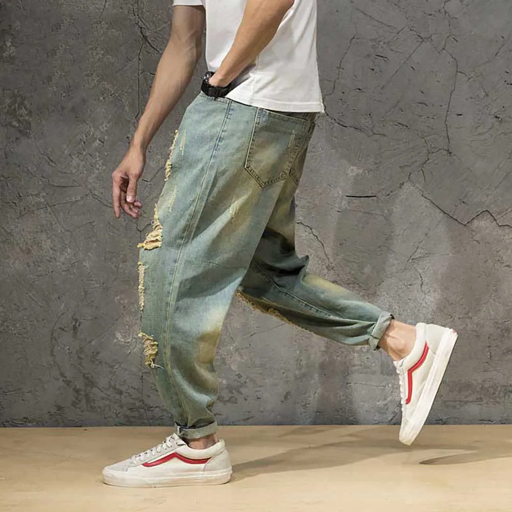 Модные уличные разорванный гарем джинсы мужские повседневные полые дырки