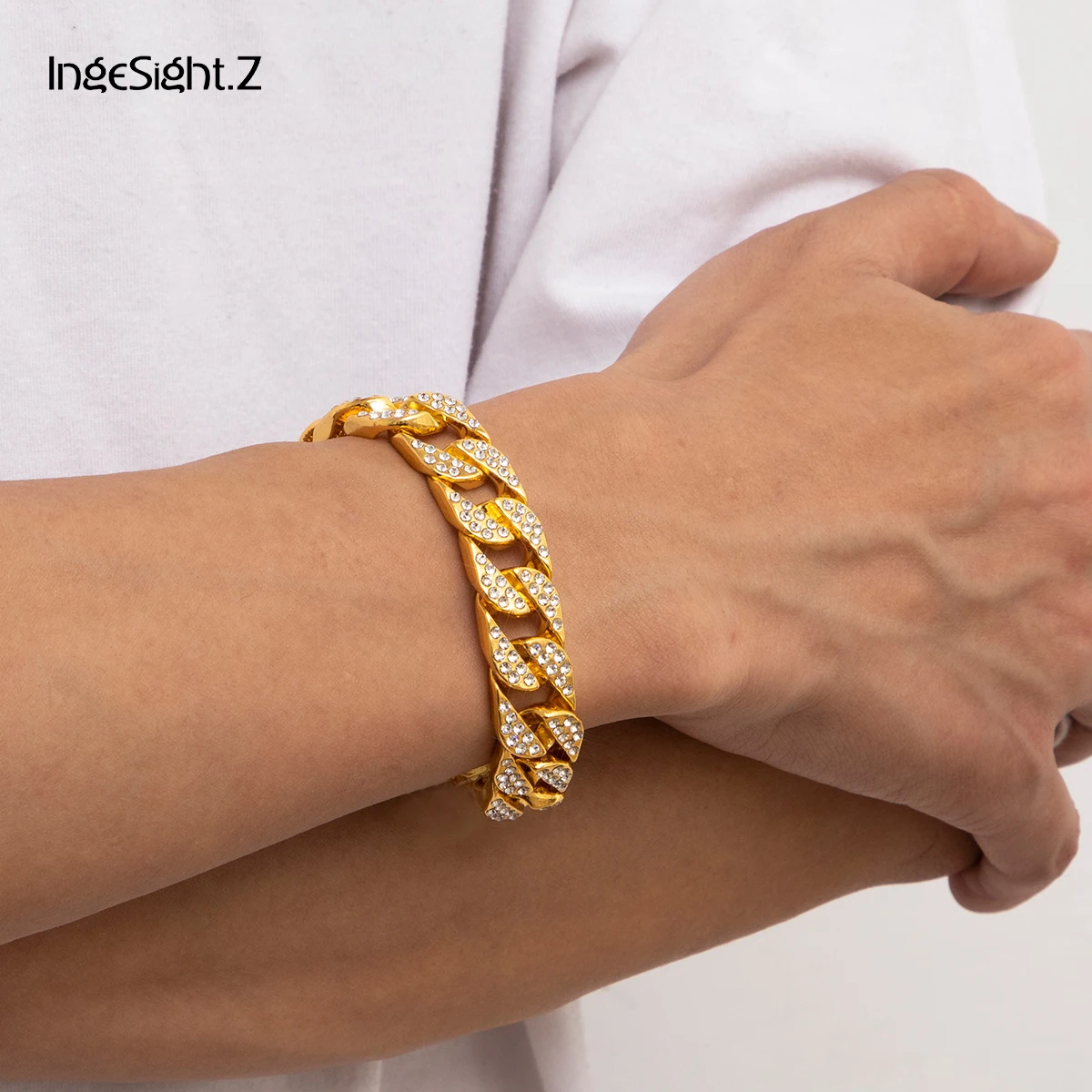 

IngeSight.Z Hip Hop Rhinestones Miami Curb Cuban Chain Bracelets Luxury Crystal Couple Bracelets Bangles for Women Men Jewelry