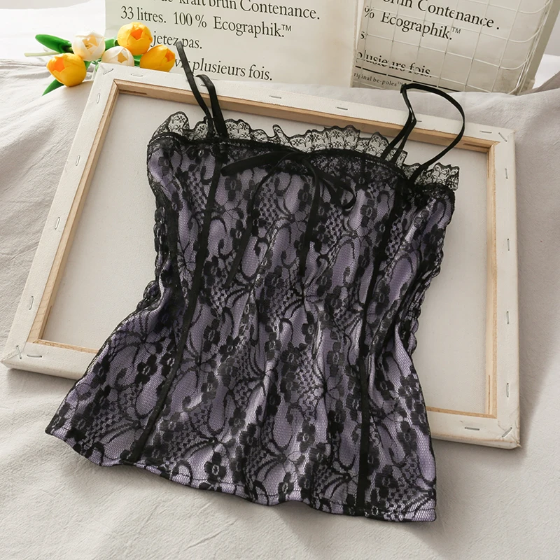 

Women Fashion Slim Bodycon Lace Flowers Navel Crop Tank Top Lady Summer Casual Strap Camisole Girls Sleeveless Daily Basic Shirt
