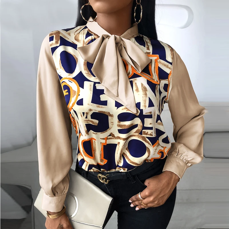 

Letter Pattern Print Bow Knot Collar Shirt Women Long Sleeve Top Women Blouse