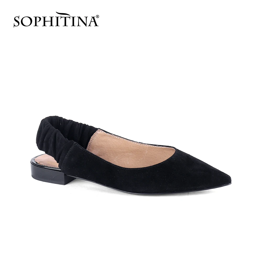Женские туфли на плоской подошве SOPHITINA черные замшевые с острым носком и