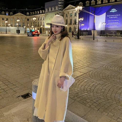 New High Grade Double-Sided Woolen Coat In Long Wool Coat Doll Collar Fashion A-Line Loose Woolen Coat Women Winter Warm - Цвет: Sweet corn