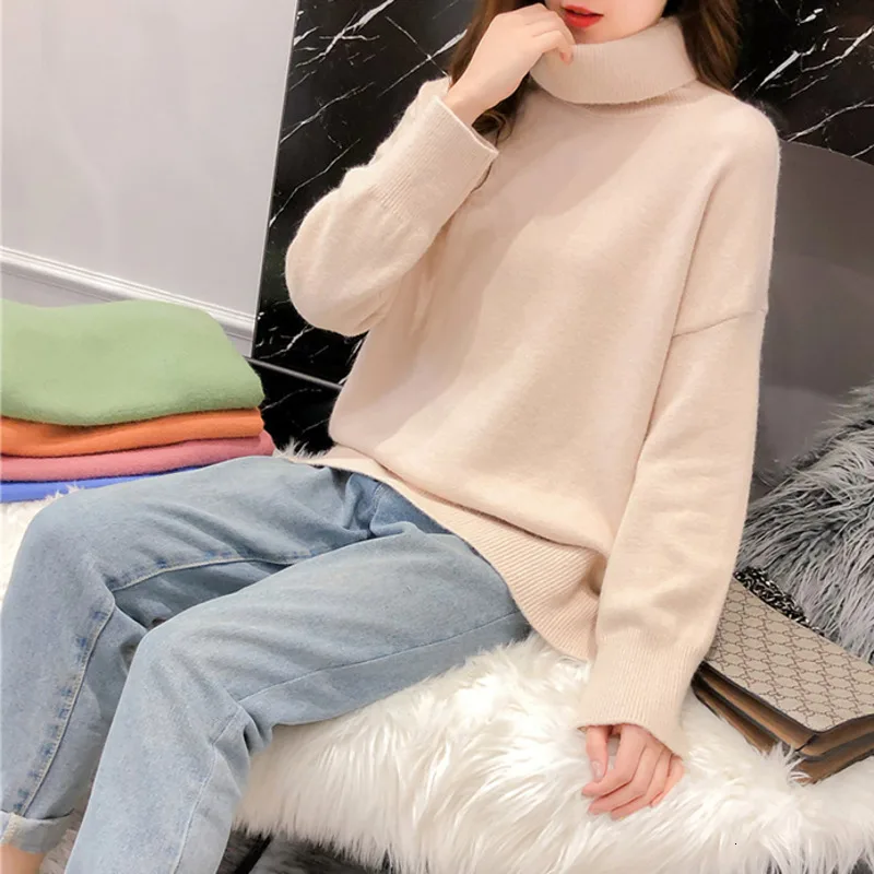 

PEONFLY 2019 Winter Loose Oversize Turtleneck Sweater Women Warm Long Sleeve Knit Pullover Jumper Women green Sweater Female