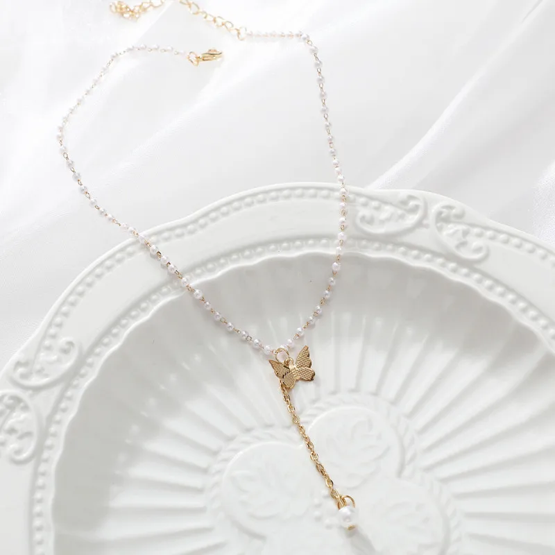 

2021 Elegant Pearl Chain Butterfly Pendant Necklace For Women New Trend Female Jewelry