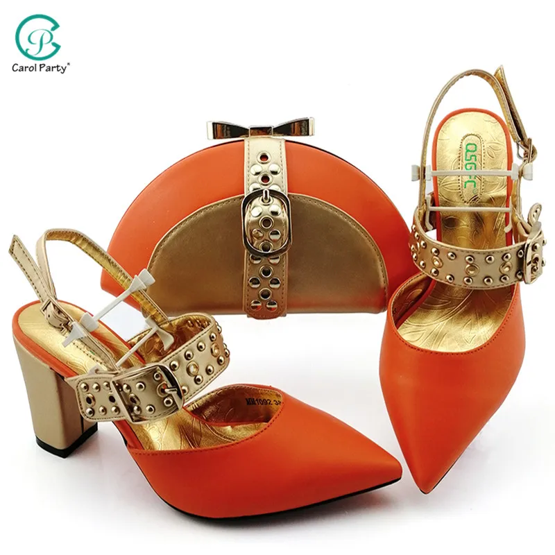 

2021 African Hot Selling Neirian Fashon Italian Design Classic Style Orange Color Noble Party Wedding Ladies Shoes and Bag Set