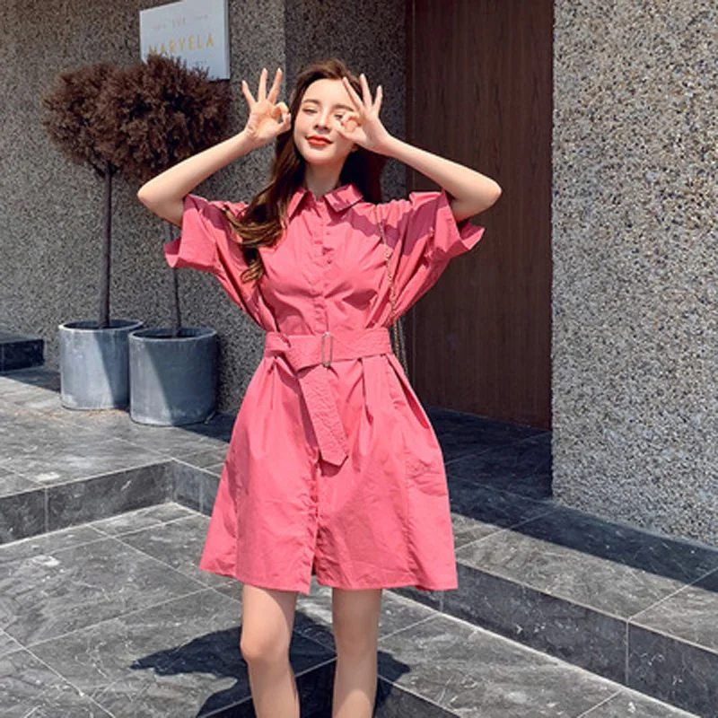 

Solid Casual Lapel Shirt Dress Women Summer Office Work Short Sleeve With Belt Vestidos Vintage Elegant Purple Office Femme Ete