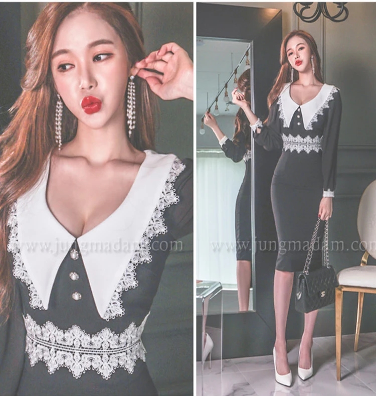 

2020 Autumn Turn-Down Collar Lace Patchwork High Waist Vestidos Long Sleeved Pencil Bodycon Knee-Length Black Sexy Party Dress