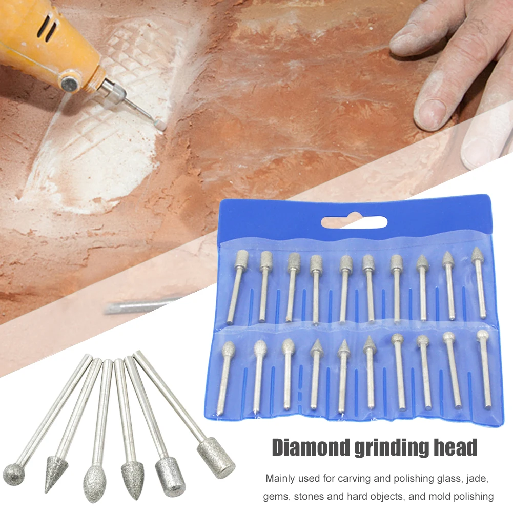

20pcs Mini 3mm Drill Diamond Grinding Head Bur Bit Set Grinding Drill Accessory Granite Diamond Grinding Wheel Polishing