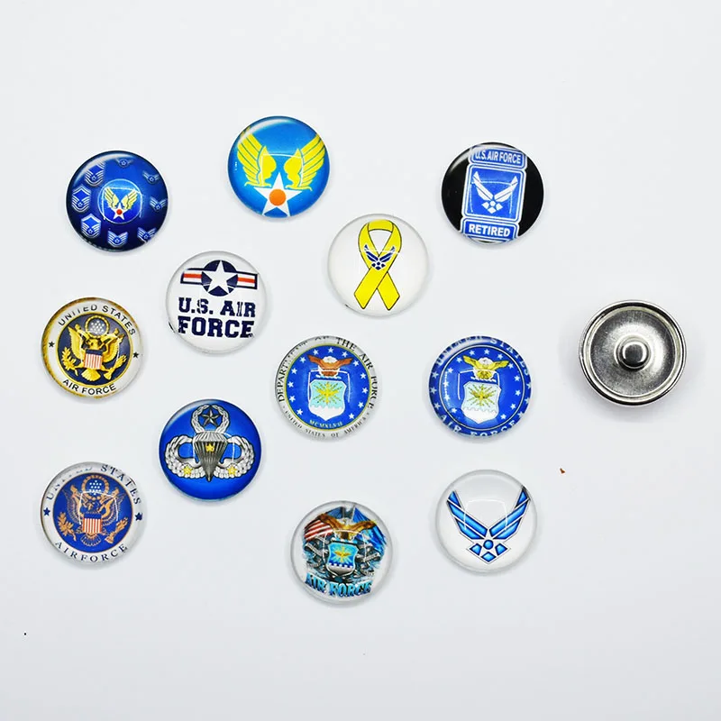 

100PCS Mixed Ginger Glass Snap Button Jewelry AIR FORCE Army For DIY 18MM Button Snap Bracelet Necklace Jewelry