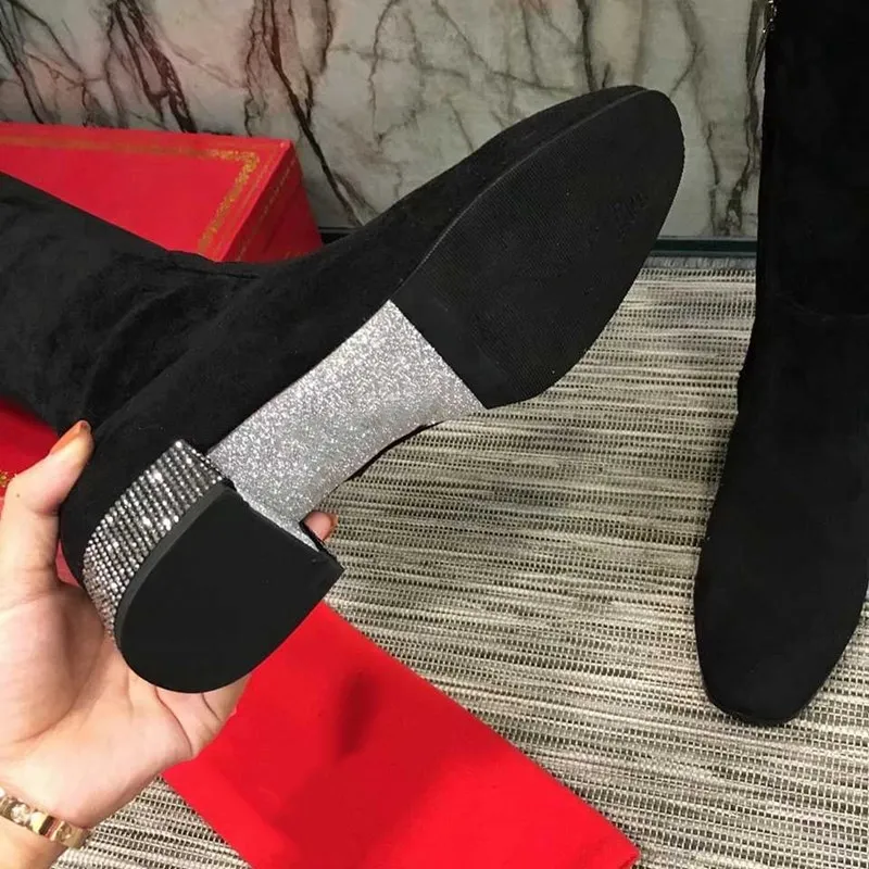 Goedkoop Vrouw Lange Laarzen Zip Kristal Lage Hak Echt Lederen Dames Schoenen Luxe Designer 2020 Nieuwe Herfst Winter Zapatos De Mujer