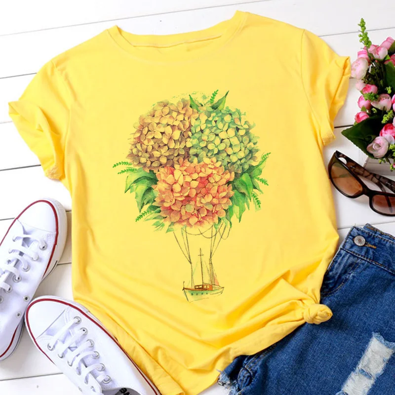 Футболка женская с цветочным принтом и воздушными шарами милая повседневная