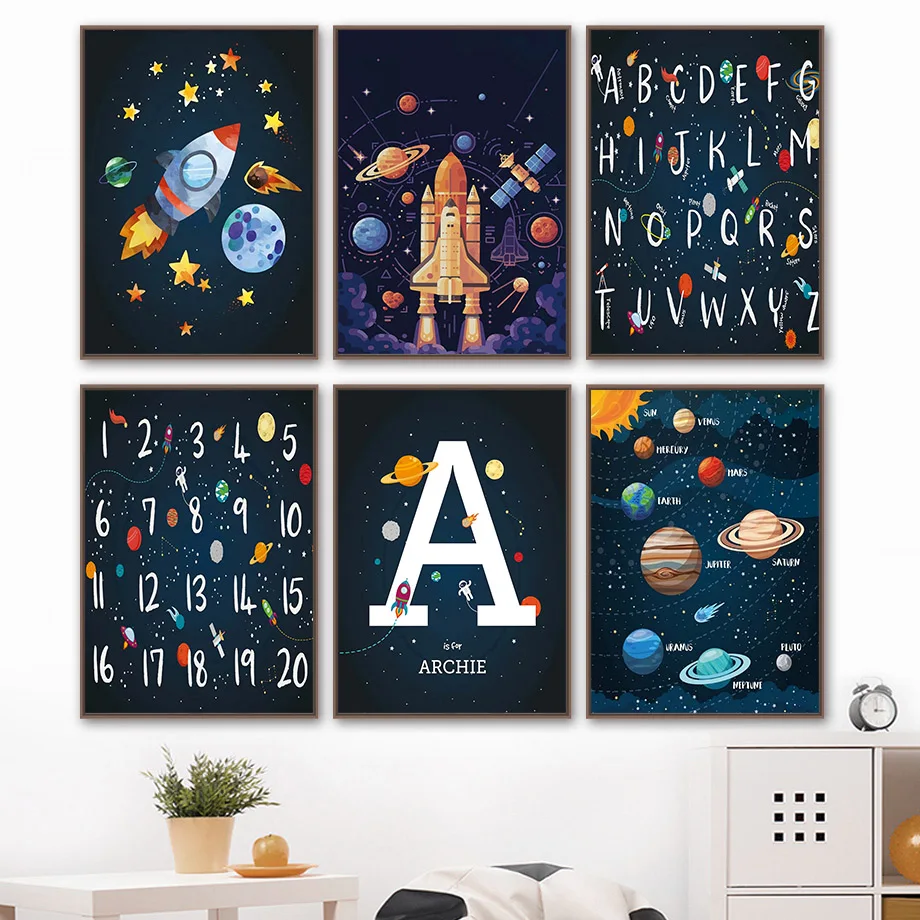 

Planet Rocket Spaceship Number Letter Nursery Wall Art Canvas Painting Kids Room Decor Nordic Posters And Prints Wall Pictures
