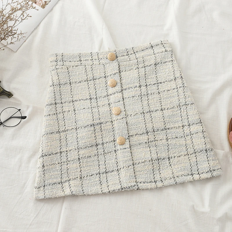MUMUZI/2019 Новая Осенняя юбка твидовая однобортная клетчатая короткая теплые