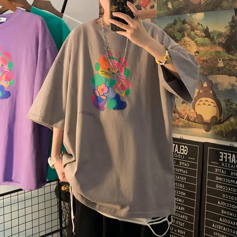 

2021 spring and summer poster style neutral cartoon printed half sleeve T-shirt tide brand bottom Outdoor Holiday Smart Casual