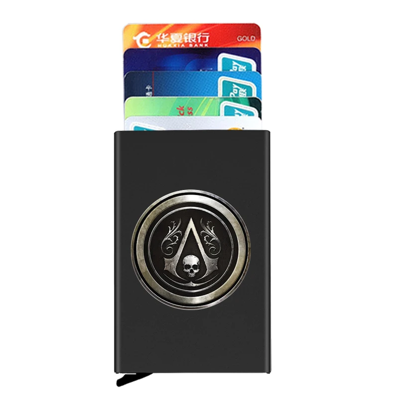 

Классический дизайнерский противокражный держатель для кредитных карт с черепом убийцы, тонкие алюминиевые металлические кошельки для же...