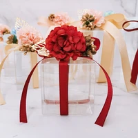 50pcslot candy boxes pvc transparent wedding favors and gifts box square flower ribbon romantic packaging box party gift bag