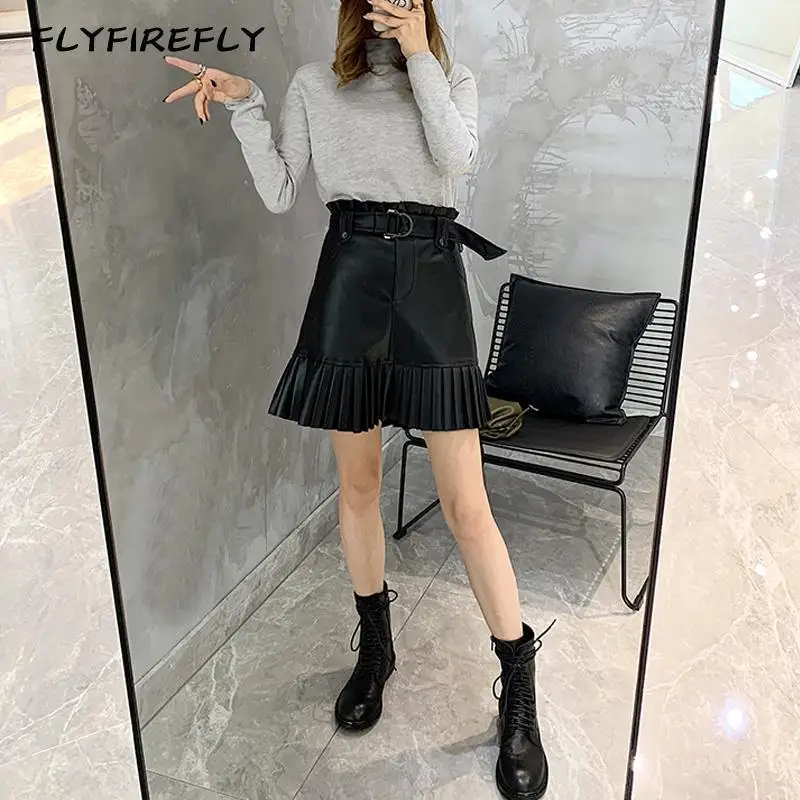 Черные кожаные юбки Женская пикантная мини юбка с высокой талией Корейская