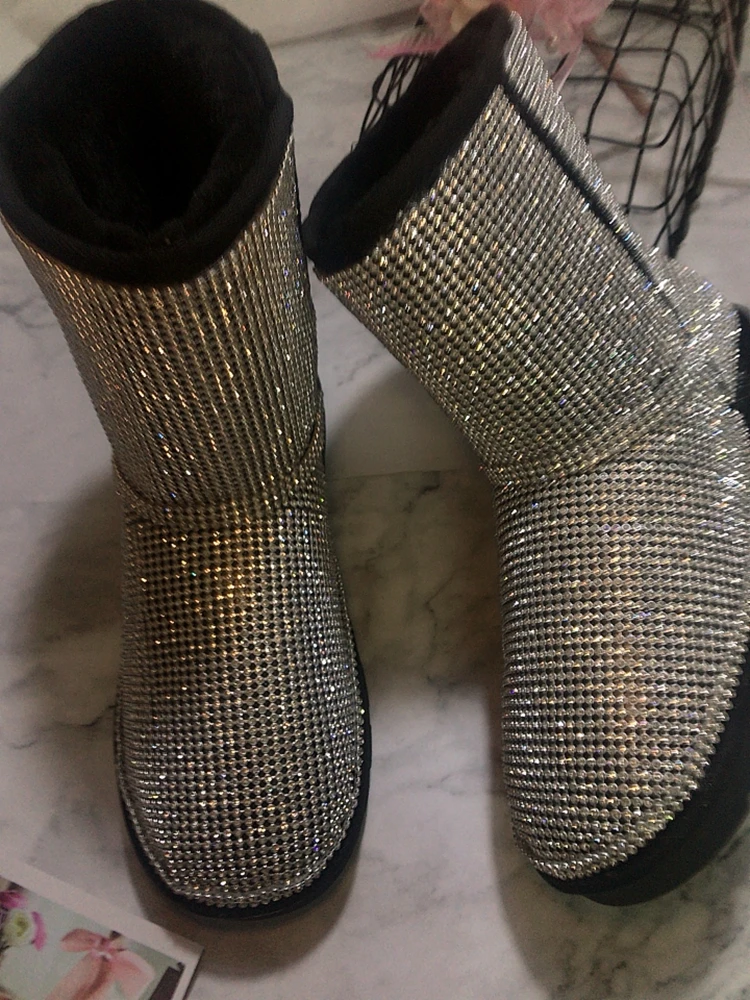 

Handmade Winter Boots Women Bling Bling Woman Full Rhinestones Snow Boots Pink Back Warm Artificial Fur Boots Plus Size 34 to 44