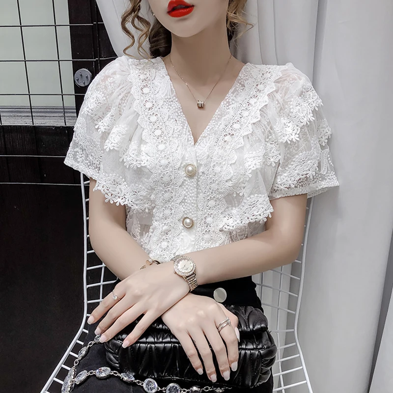 

Chiffon shirt female summer 2021 new French sexy V-neck hollow lace lace stitching Polyester Regular Casual Lace