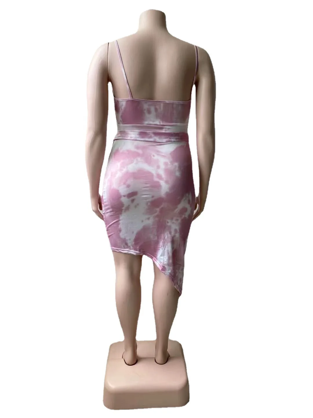 

2021 Large Size European and American Summer Ladies Sexy Sling Ink Printing V-Neck Sling Irregular Dress (Including Belt)