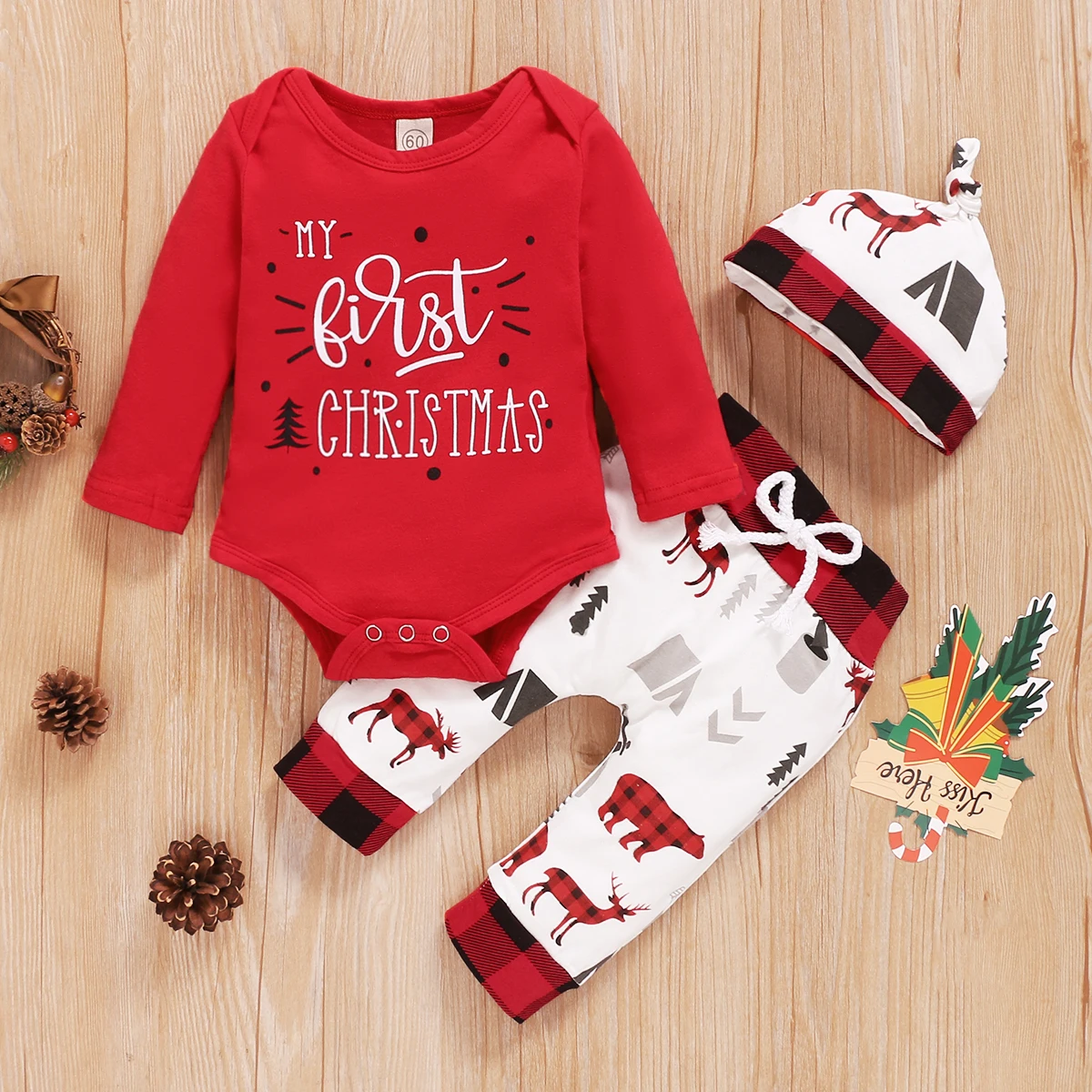 

Infant Newborn Baby Girl Boy 3 Pcs Christmas Outfits Suits, Long Sleeve Letter Printed Romper Top + Long Pant + Beanies Hat