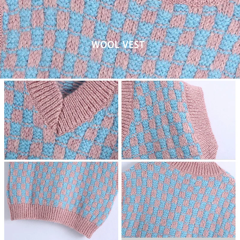 

Spring Winter Women Vintage V-Neck Contrast Color Plaid Casual Crocheting Sweaters Female Sleeveless Vests Sweet Tops Waistcoats