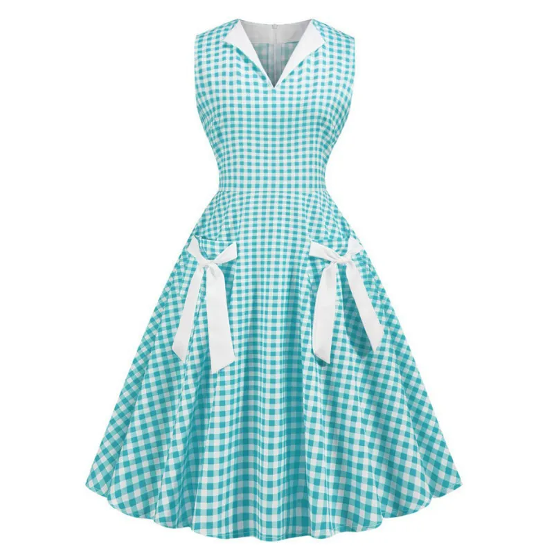 Женское винтажное платье Hepburn розовое клетчатое в клетку с бантиком и карманами