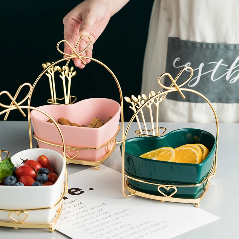 

Ceramic Fruit Plate Heart Shaped Snack Dishes Serving Plate Household Tableware Cute Fruit Bowls with Forks Holder Fruit Holder